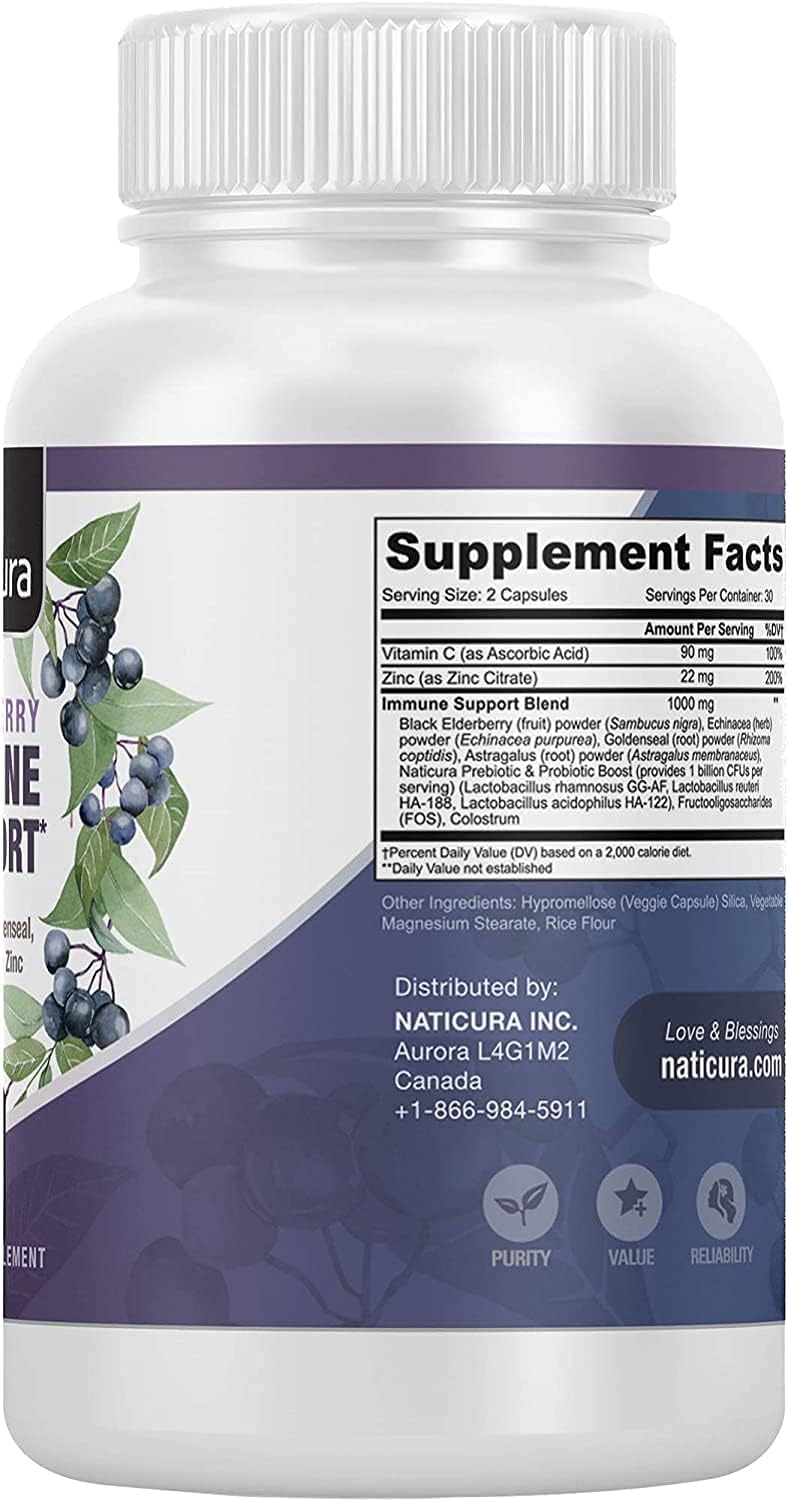 5-in-1 Elderberry Immune Support Supplement for Men and Women - 60 Capsules with Vitamin C, Zinc, Goldenseal, Echinacea, Prebiotics, and Probiotics - Made in USA