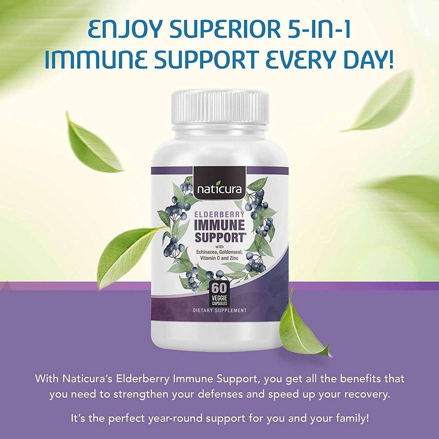 5-in-1 Elderberry Immune Support Supplement for Men and Women - 60 Capsules with Vitamin C, Zinc, Goldenseal, Echinacea, Prebiotics, and Probiotics - Made in USA
