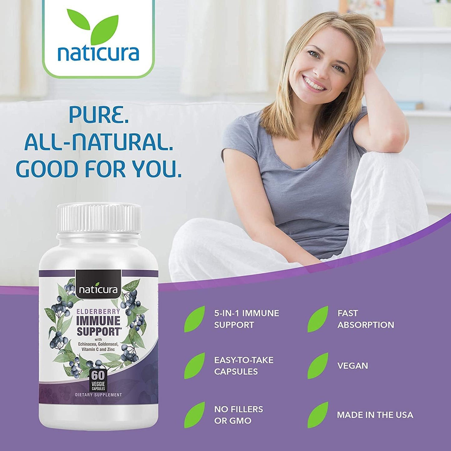 5-in-1 Elderberry Immune Support Supplement for Men and Women - 60 Capsules with Vitamin C, Zinc, Goldenseal, Echinacea, Prebiotics, and Probiotics - Made in USA