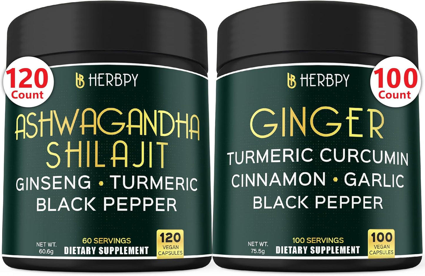 5-in-1 Herbpy Bundle with Ashwagandha, Shilajit, and Ginger Supplements for Heart, Digestion, and Immune Support