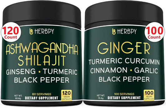 5-in-1 Herbpy Bundle with Ashwagandha, Shilajit, and Ginger Supplements for Heart, Digestion, and Immune Support