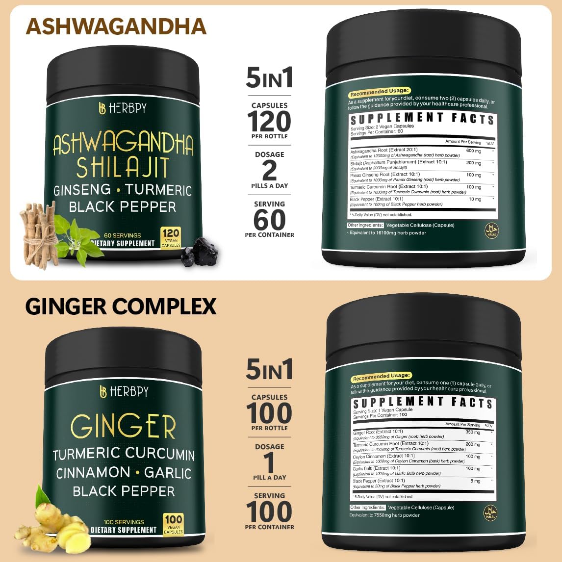 5-in-1 Herbpy Bundle with Ashwagandha, Shilajit, and Ginger Supplements for Heart, Digestion, and Immune Support