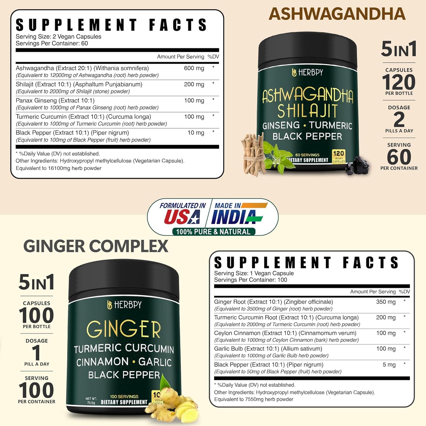 5-in-1 Herbpy Bundle with Ashwagandha, Shilajit, and Ginger Supplements for Heart, Digestion, and Immune Support