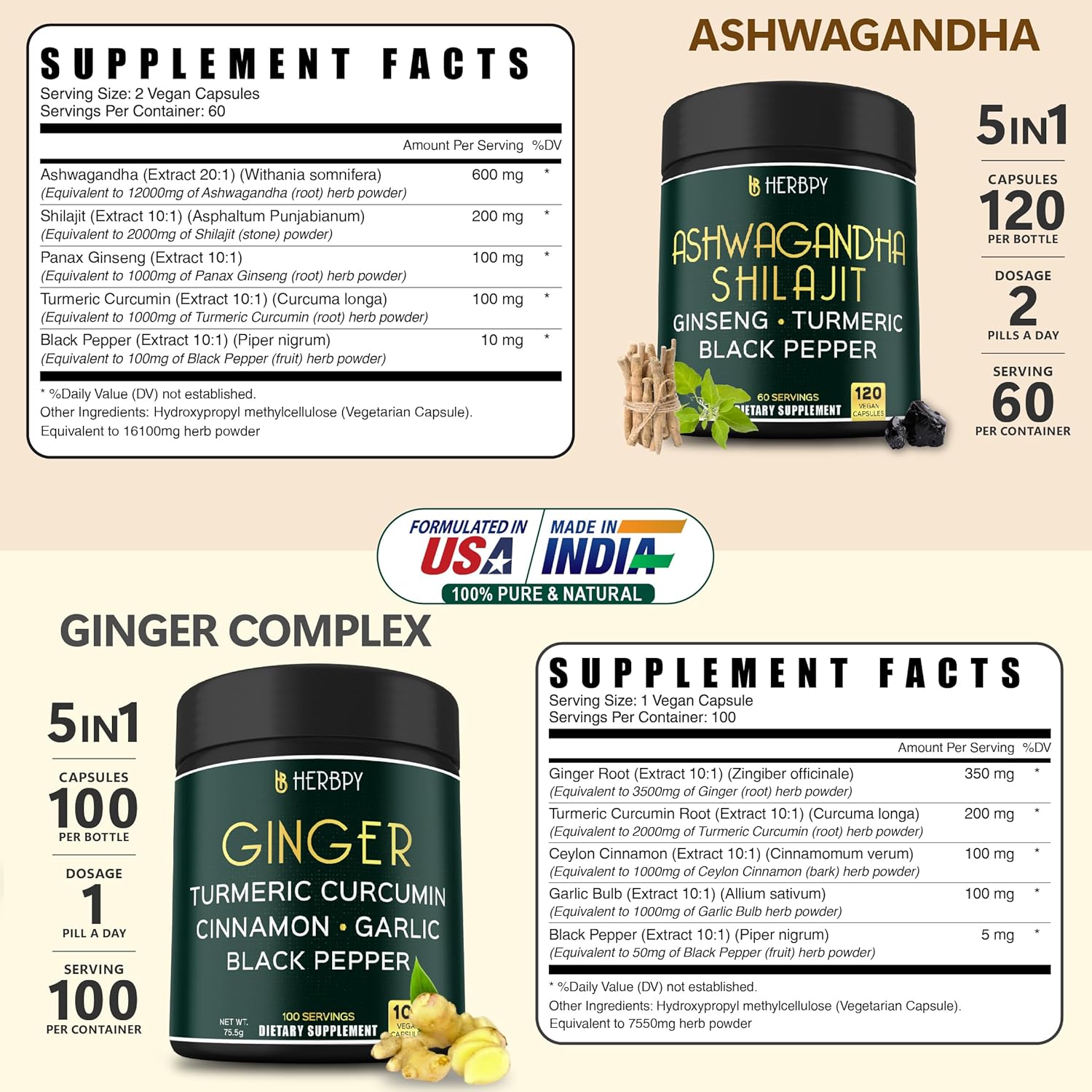 5-in-1 Herbpy Bundle with Ashwagandha, Shilajit, and Ginger Supplements for Heart, Digestion, and Immune Support