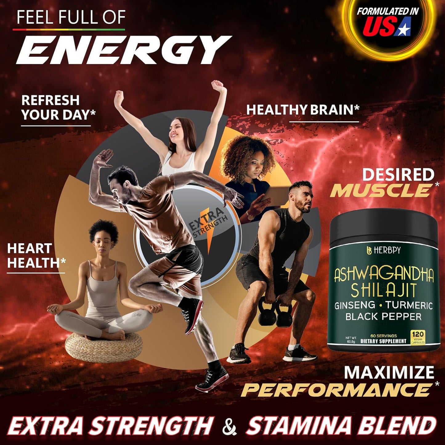 5-in-1 Herbpy Bundle with Ashwagandha, Shilajit, and Ginger Supplements for Heart, Digestion, and Immune Support