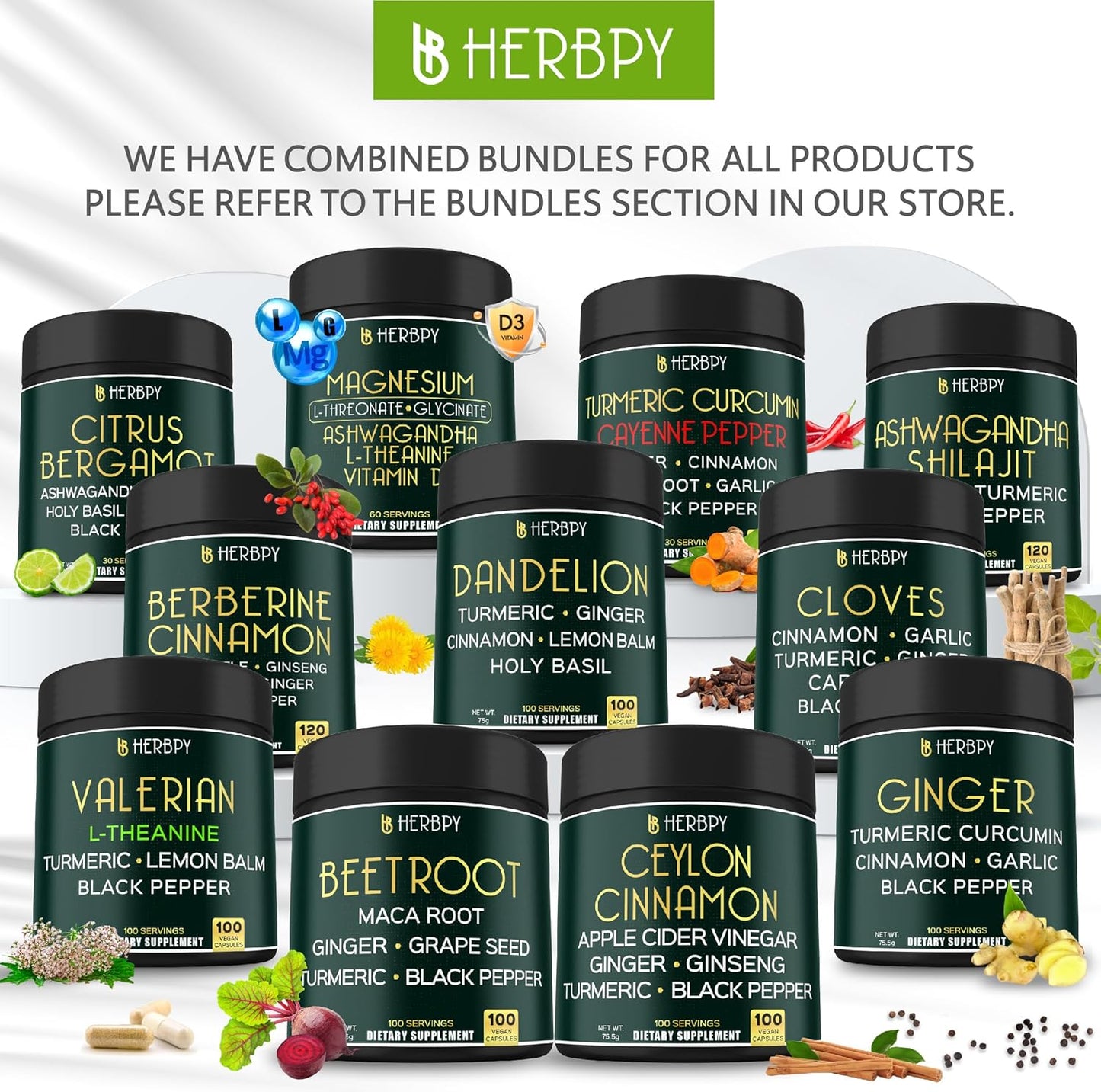 5-in-1 Herbpy Bundle with Ashwagandha, Shilajit, and Ginger Supplements for Heart, Digestion, and Immune Support