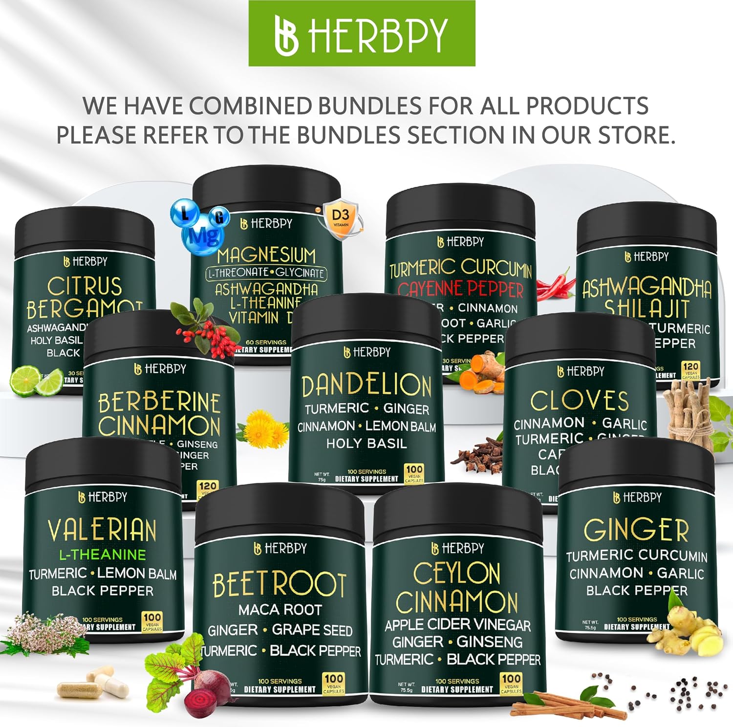 5-in-1 Herbpy Bundle with Ashwagandha, Shilajit, and Ginger Supplements for Heart, Digestion, and Immune Support