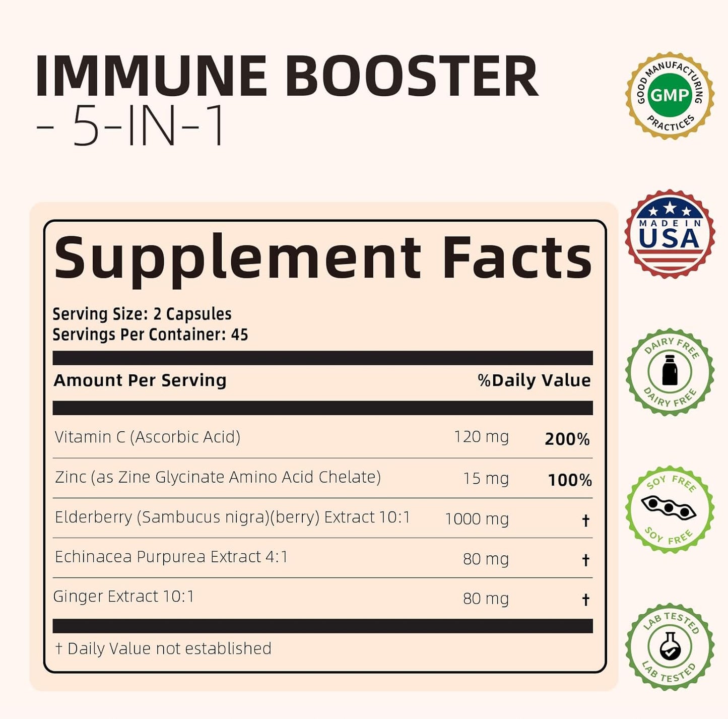 5-in-1 Immune Support Supplement with Elderberry, Vitamin C, Zinc, Echinacea, Ginger - 90 Capsules for Adults