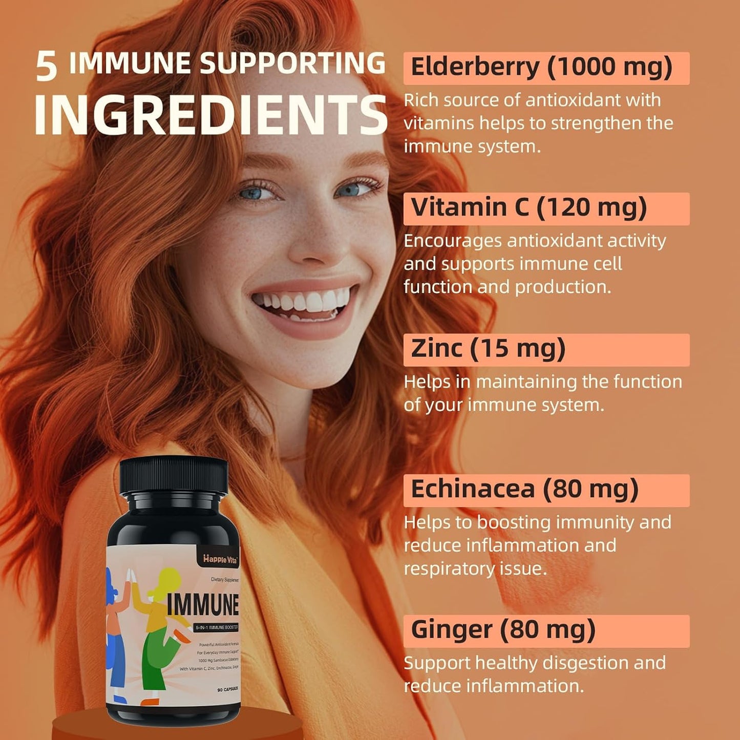 5-in-1 Immune Support Supplement with Elderberry, Vitamin C, Zinc, Echinacea, Ginger - 90 Capsules for Adults