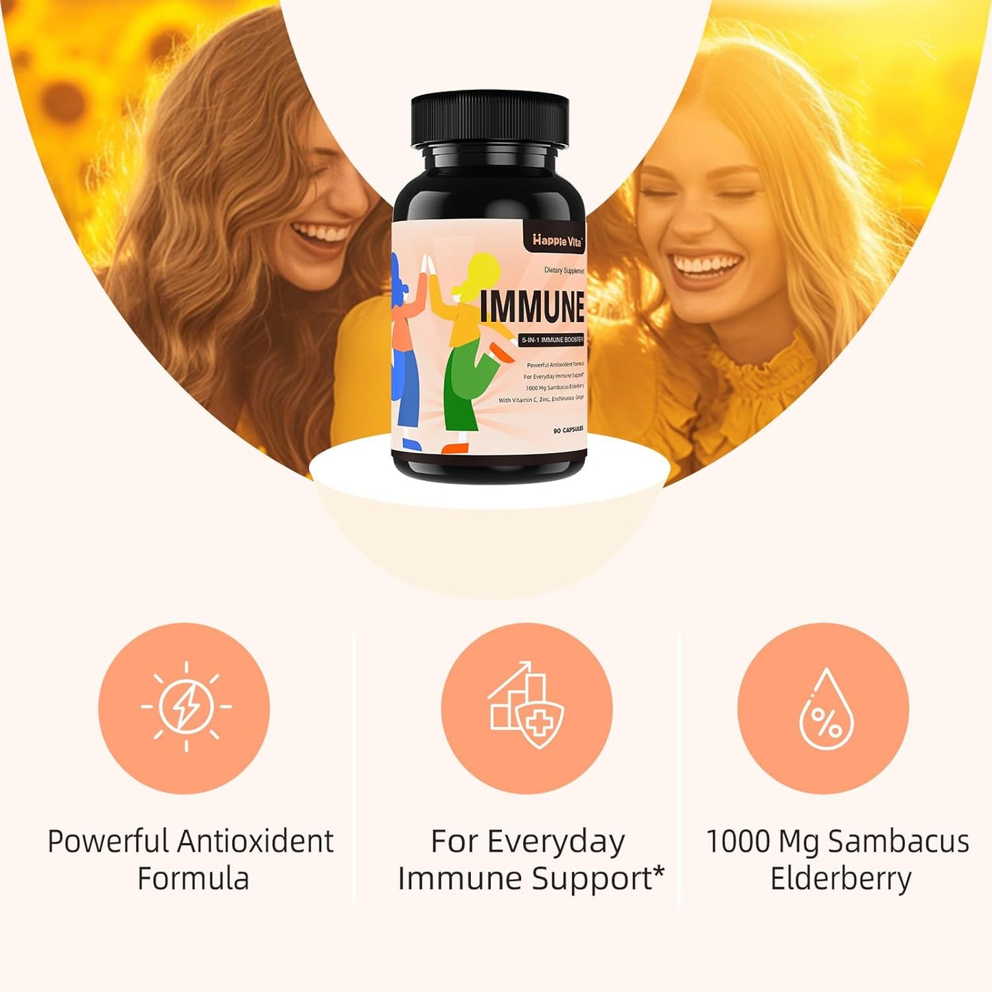 5-in-1 Immune Support Supplement with Elderberry, Vitamin C, Zinc, Echinacea, Ginger - 90 Capsules for Adults