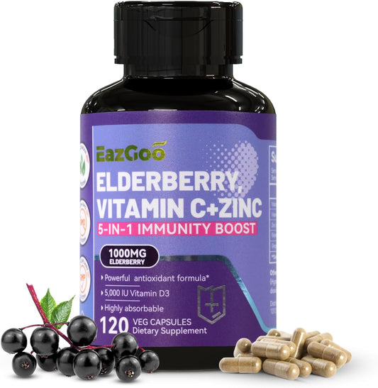 5 in 1 Immune Support Supplement with Sambucus Elderberry, Zinc, and Vitamin C - 120 Capsules