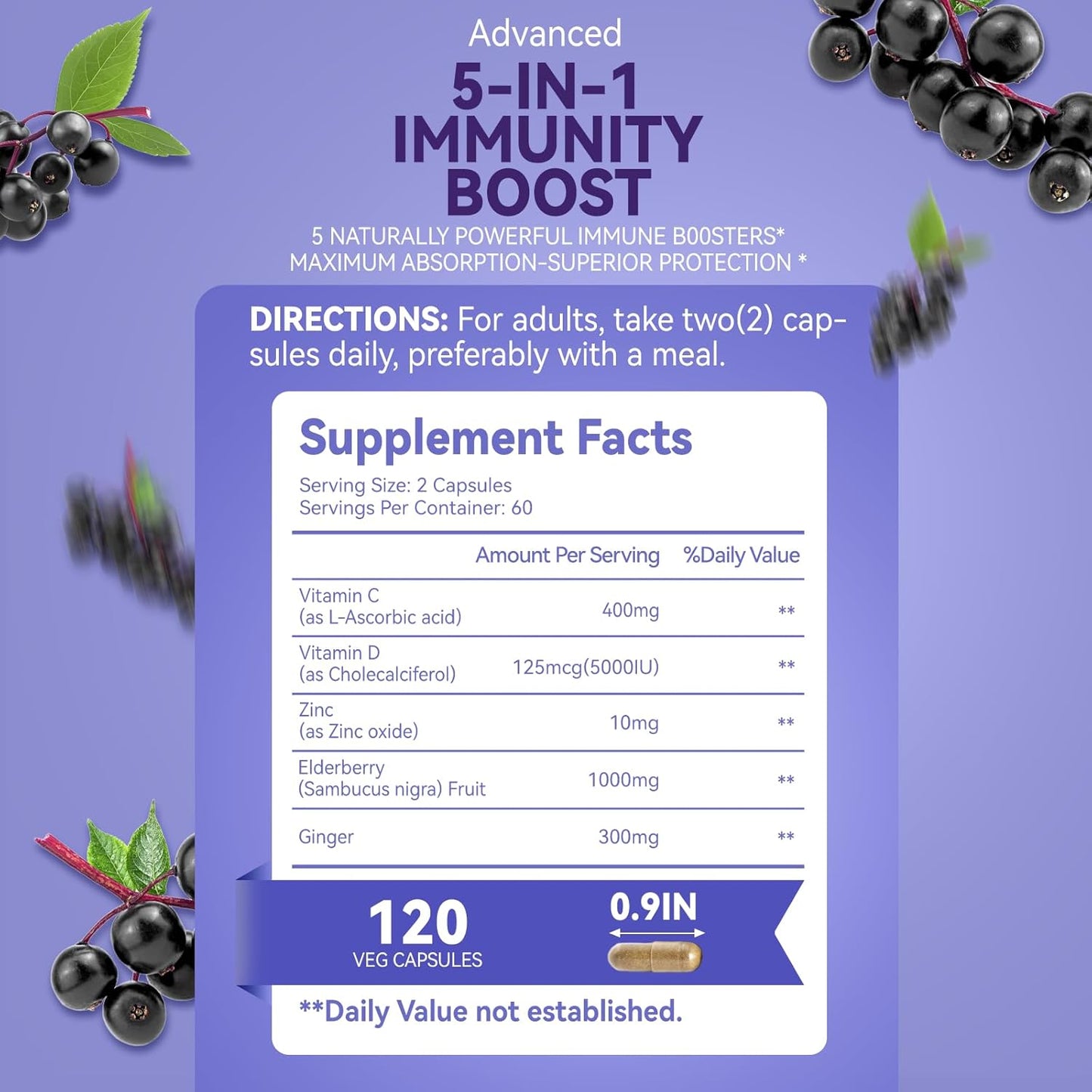 5 in 1 Immune Support Supplement with Sambucus Elderberry, Zinc, and Vitamin C - 120 Capsules