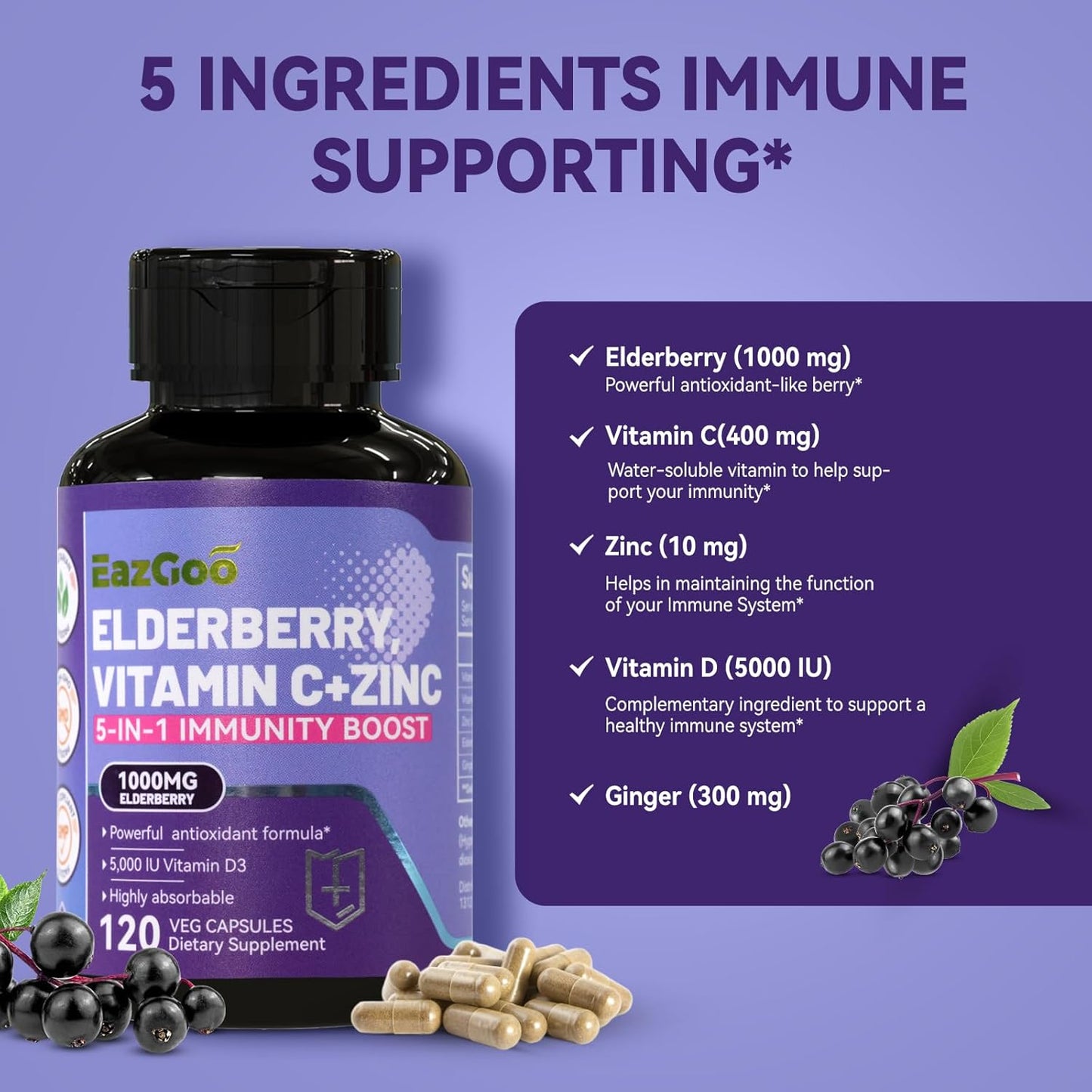 5 in 1 Immune Support Supplement with Sambucus Elderberry, Zinc, and Vitamin C - 120 Capsules