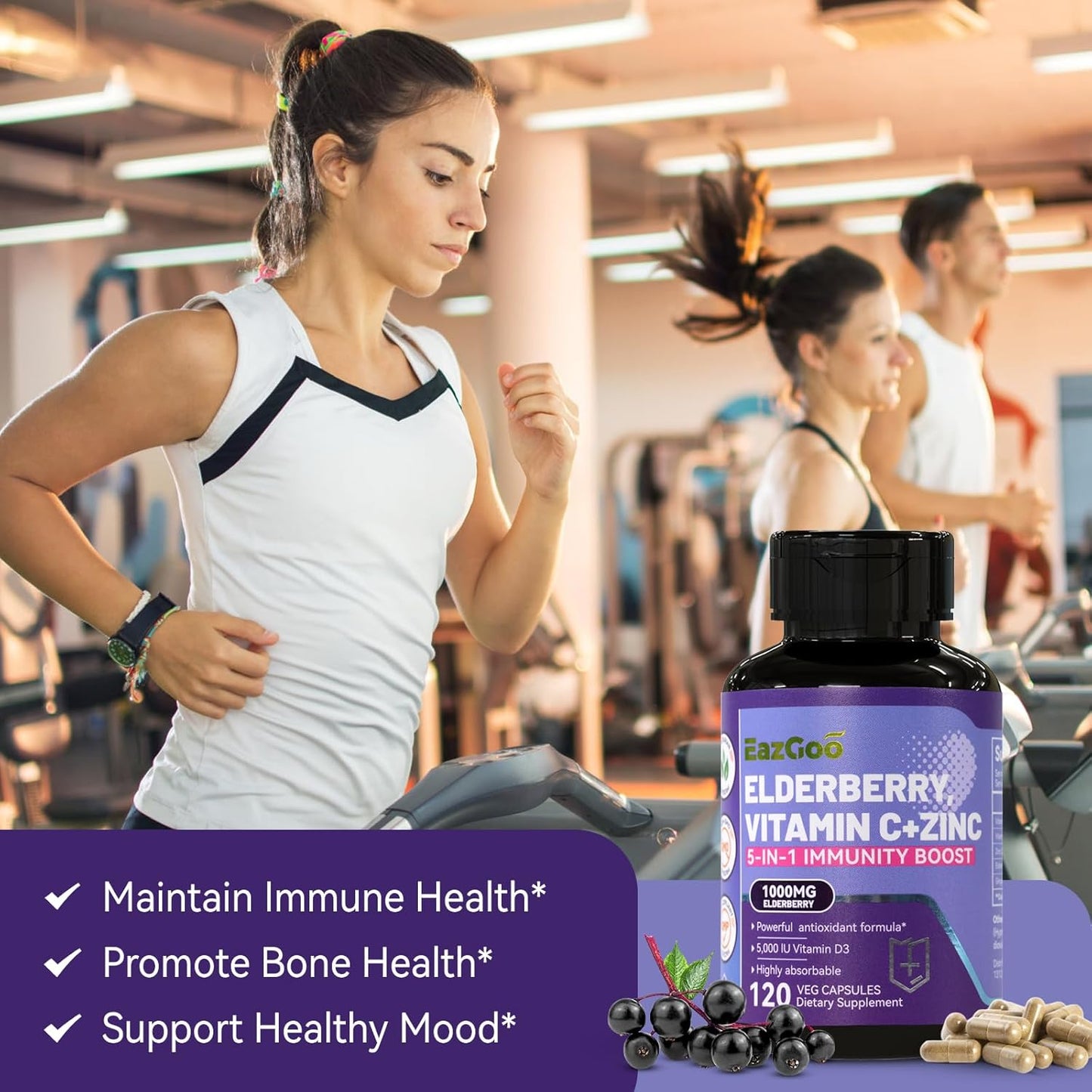 5 in 1 Immune Support Supplement with Sambucus Elderberry, Zinc, and Vitamin C - 120 Capsules