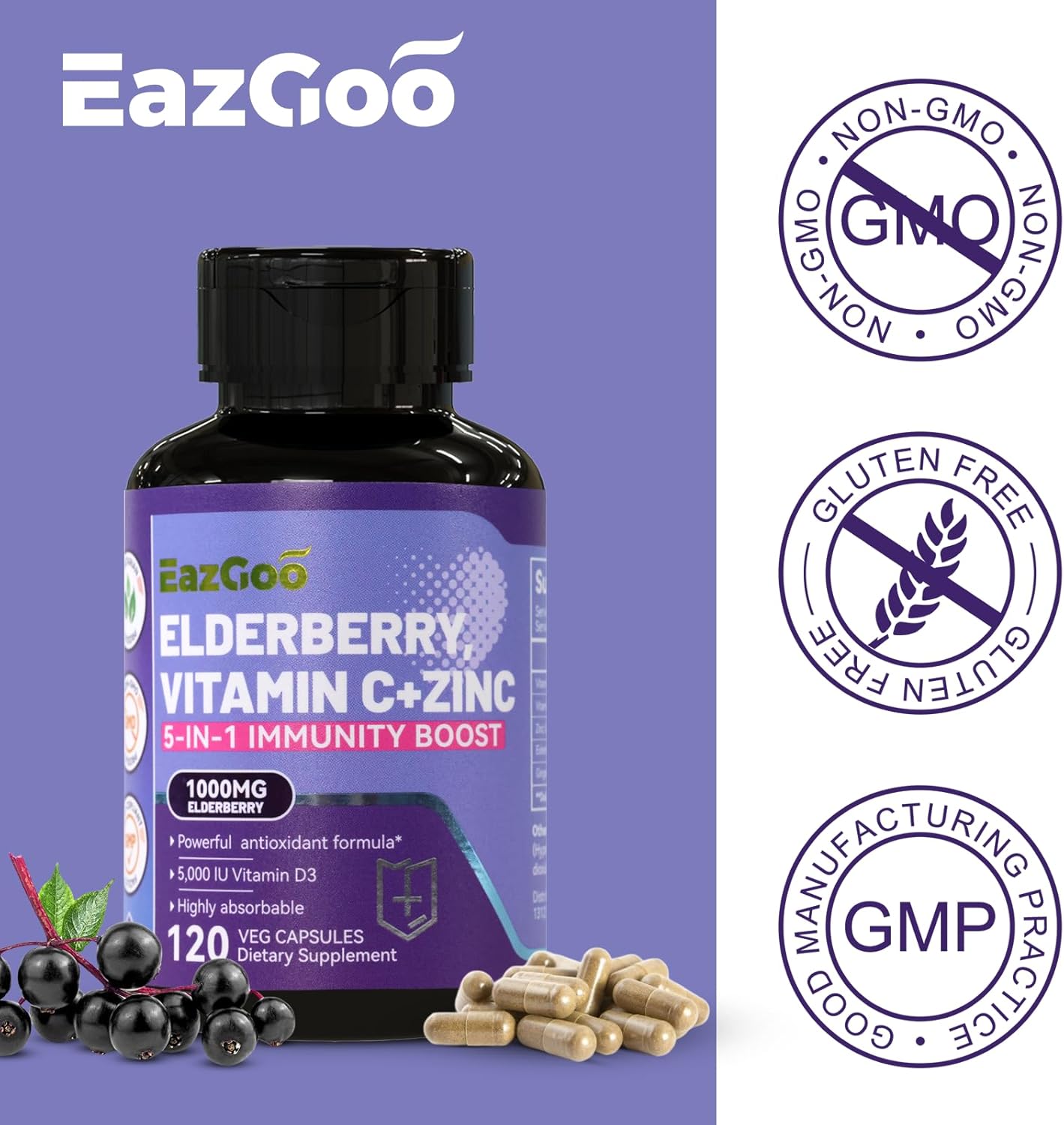 5 in 1 Immune Support Supplement with Sambucus Elderberry, Zinc, and Vitamin C - 120 Capsules