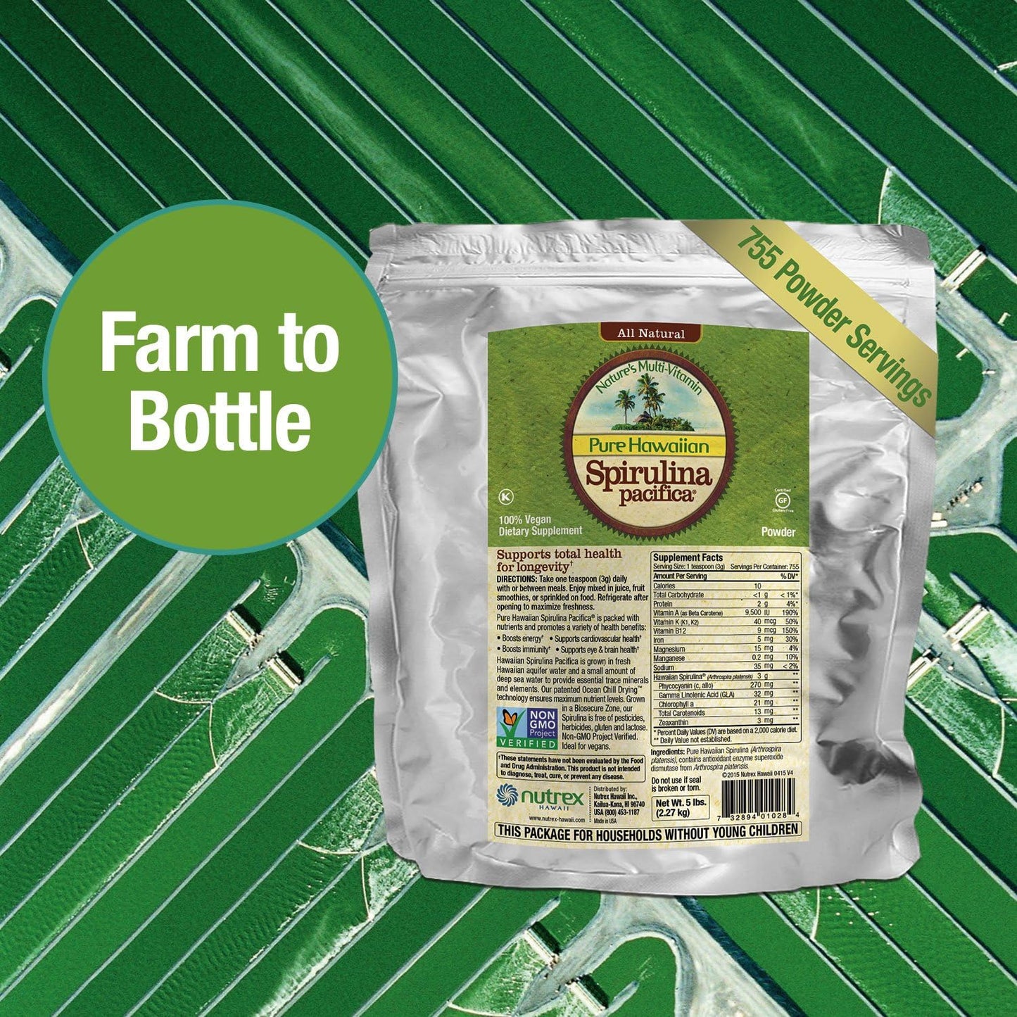 5 lb Bulk Bag of Nutrex Pure Hawaiian Spirulina Powder - Boost Energy & Immunity - Vegan & Non GMO - Natural Superfood from Hawaii