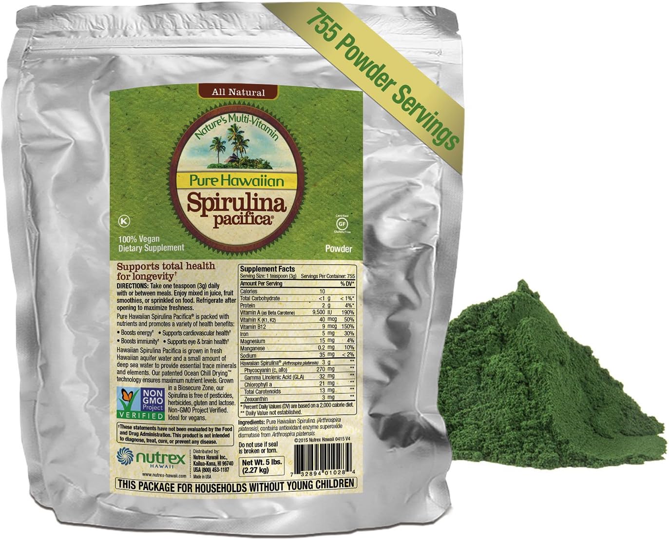 5 lb Bulk Bag of Nutrex Pure Hawaiian Spirulina Powder - Boost Energy & Immunity - Vegan & Non GMO - Natural Superfood from Hawaii