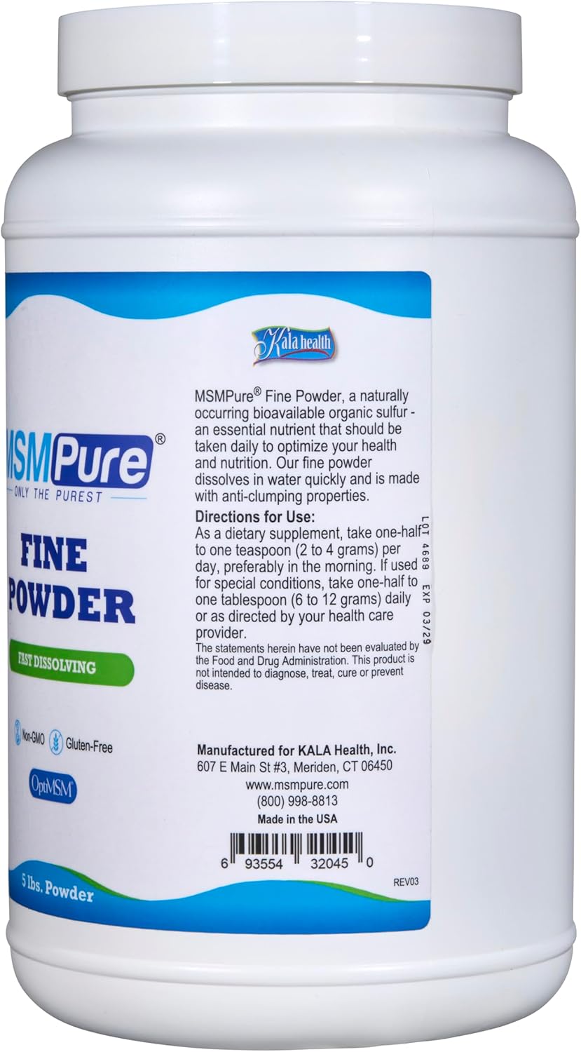 5 lb KALA HEALTH MSMPure Organic Sulfur Powder Crystals for Joint Flexibility, Skin, Hair, and Nails - USA Made