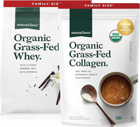 5 lb Natural Force Grass Fed Organic Whey Protein Powder - Vanilla, 32oz Clean Collagen Peptides Powder - Unflavored