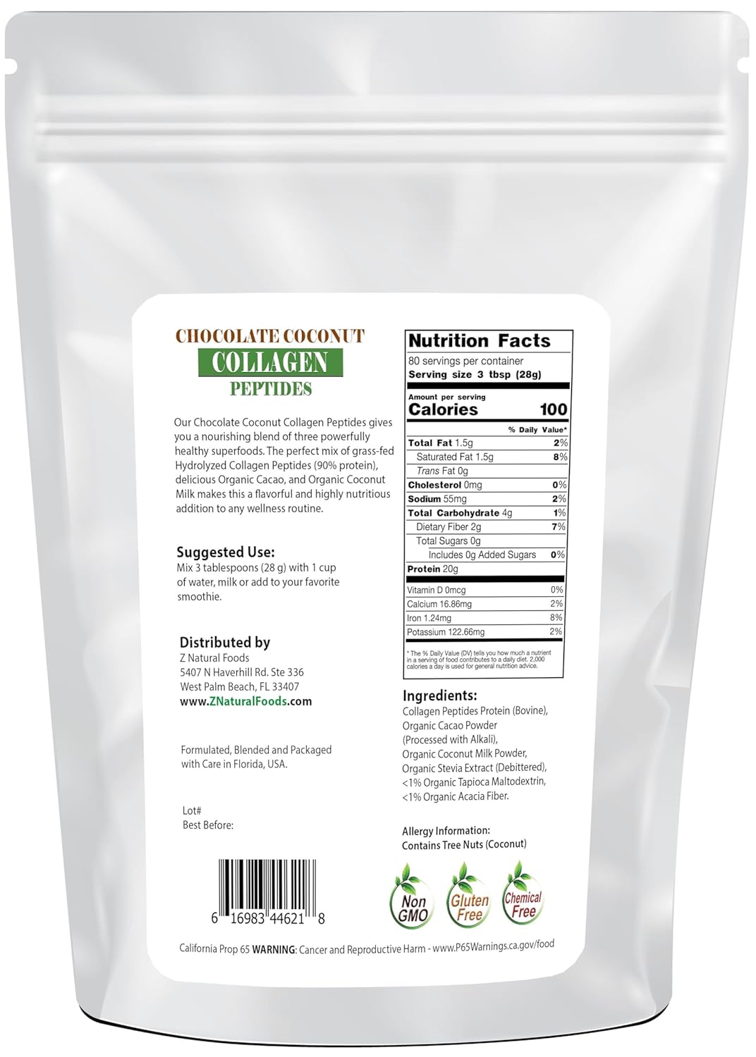 5 lb Z Natural Foods Chocolate Collagen Peptides with Coconut Milk Powder - Zero Sugar, Hydrolyzed Collagen, Organic Cacao - Gluten Free & Non GMO - Delicious Taste