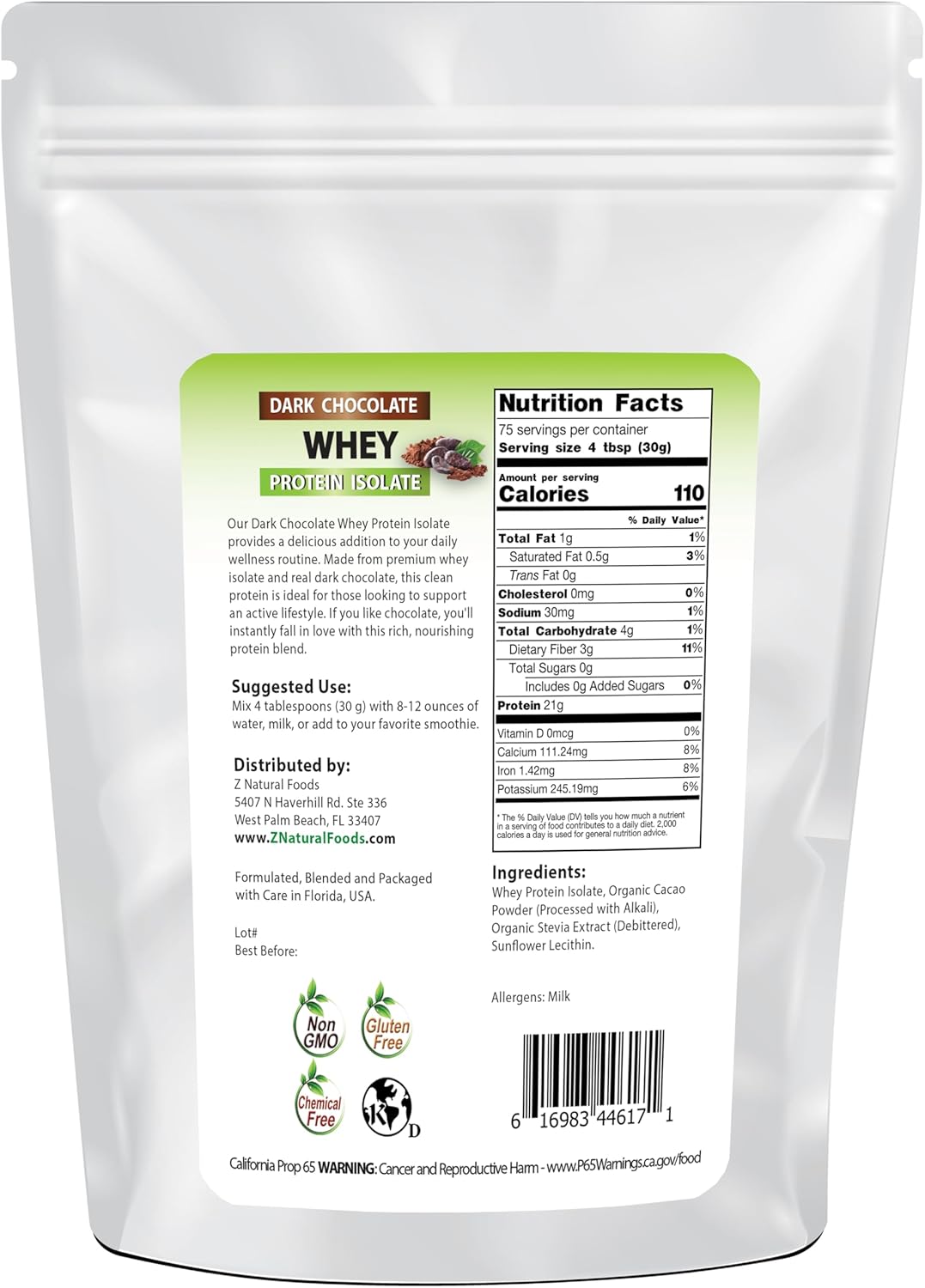 5 lb Z Natural Foods Dark Chocolate Whey Protein Isolate Powder - Sugar-Free, Energy Boost, Slimming Formula - Gluten Free, Non-GMO