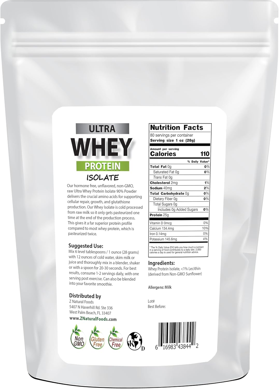 5 lb Z Natural Foods Ultra Whey Protein Isolate Powder - Pure, Unflavored, Unsweetened Protein Supplement for Fitness, Sports Nutrition, and Immune Support