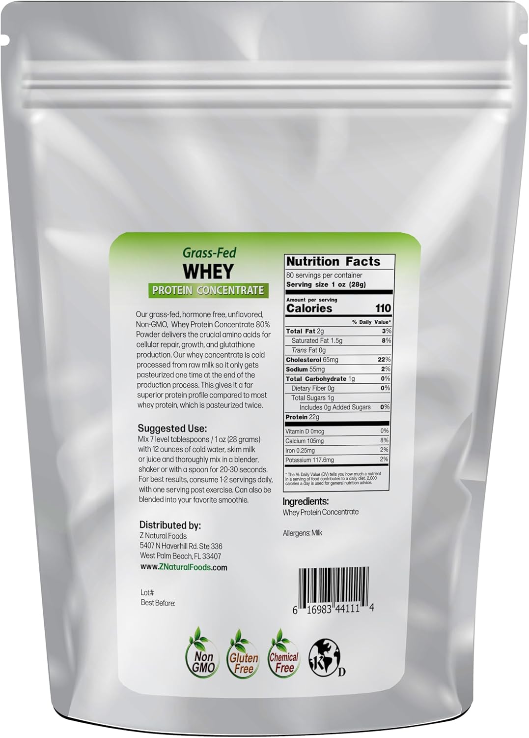 5 lbs Unflavored Grass-Fed Whey Protein Concentrate from New Zealand - Cold Processed Pure Powder with Essential Amino Acids for Nutrition & Fitness by Z Natural Foods