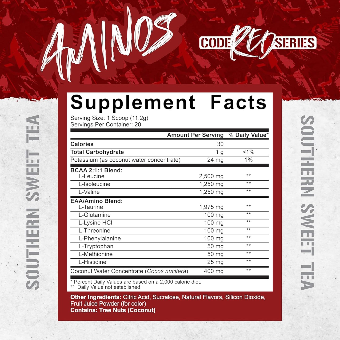 5% Nutrition Code Red Aminos BCAA & EAA Powder - Full Spectrum Post Workout Recovery Drink for Men & Women - Southern Sweet Tea Flavor