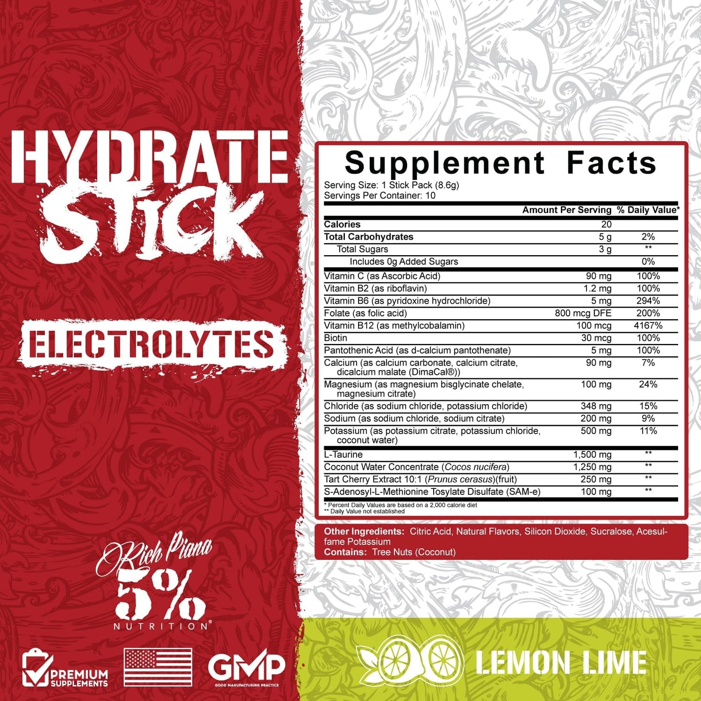 5% Nutrition Hydrate Stick Hydration Packets - Electrolyte Powder Mix with Coconut Water (Lemon Lime, 10 Pack)
