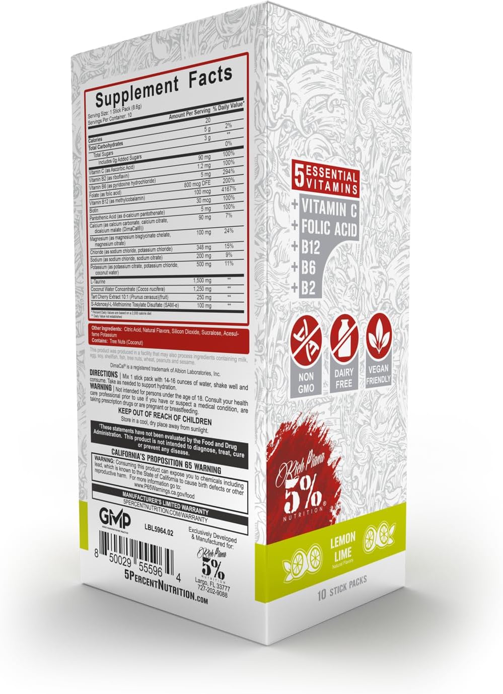 5% Nutrition Hydrate Stick Hydration Packets - Electrolyte Powder Mix with Coconut Water (Lemon Lime, 10 Pack)