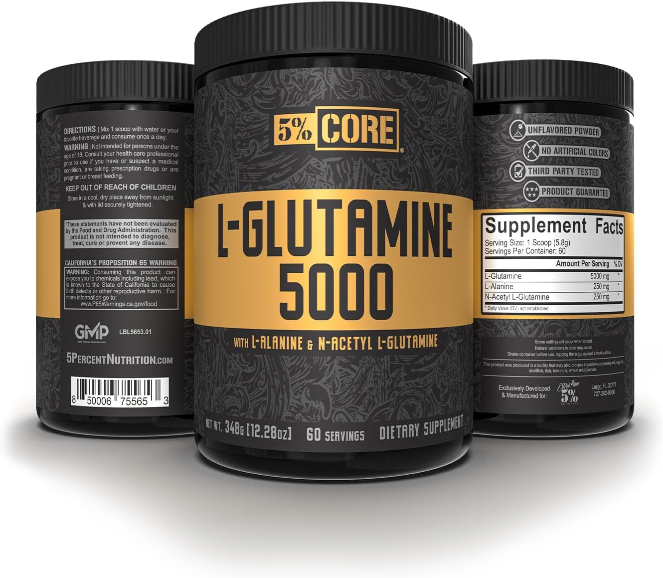 5% Nutrition L-Glutamine 5000 Supplement with L-Alanine for Immune and Digestive Support - Amino Acid Muscle Builder for Post Workout Recovery - Unflavored (60 Servings)