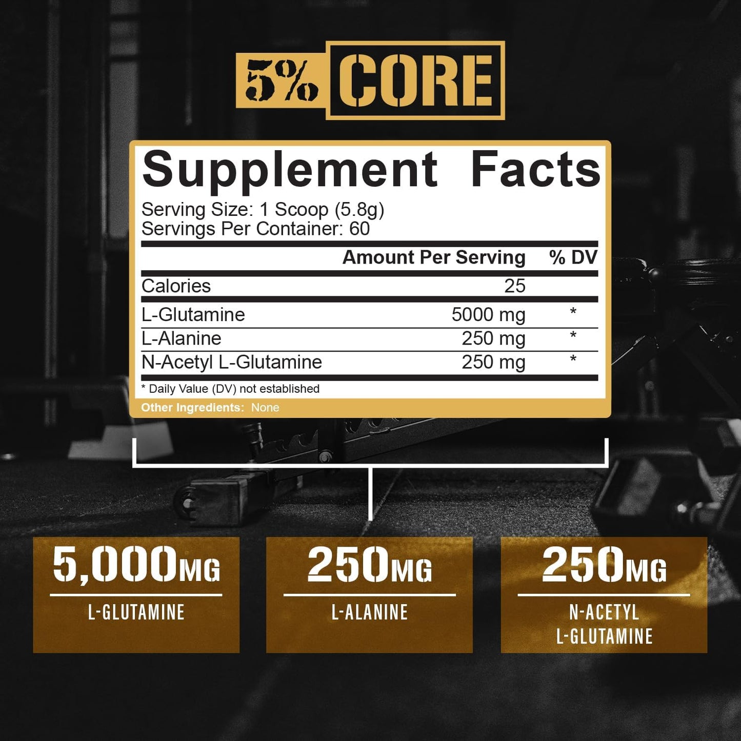 5% Nutrition L-Glutamine 5000 Supplement with L-Alanine for Immune and Digestive Support - Amino Acid Muscle Builder for Post Workout Recovery - Unflavored (60 Servings)