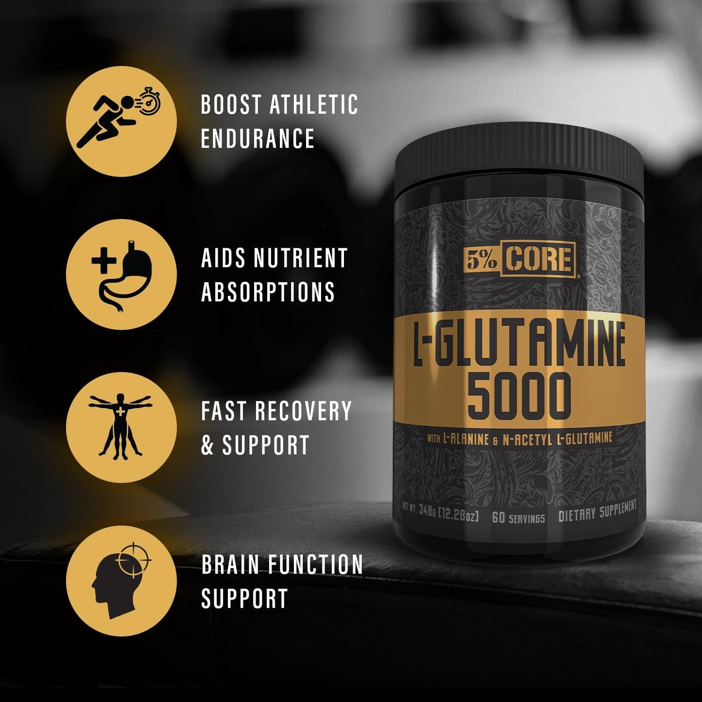 5% Nutrition L-Glutamine 5000 Supplement with L-Alanine for Immune and Digestive Support - Amino Acid Muscle Builder for Post Workout Recovery - Unflavored (60 Servings)