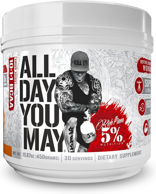 5% Nutrition Rich Piana AllDayYouMay BCAA Powder - Premium Blend for Workout Recovery & Support -15.87 oz, 30 Servings