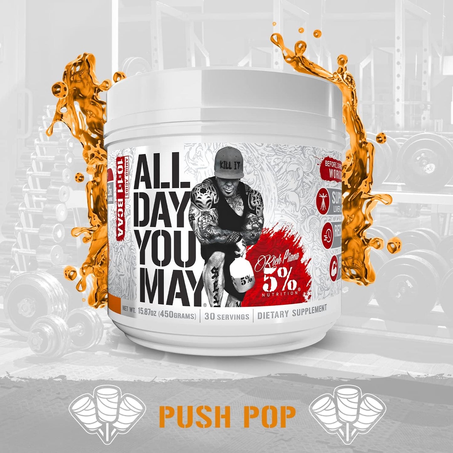 5% Nutrition Rich Piana AllDayYouMay BCAA Powder - Premium Blend for Workout Recovery & Support -15.87 oz, 30 Servings