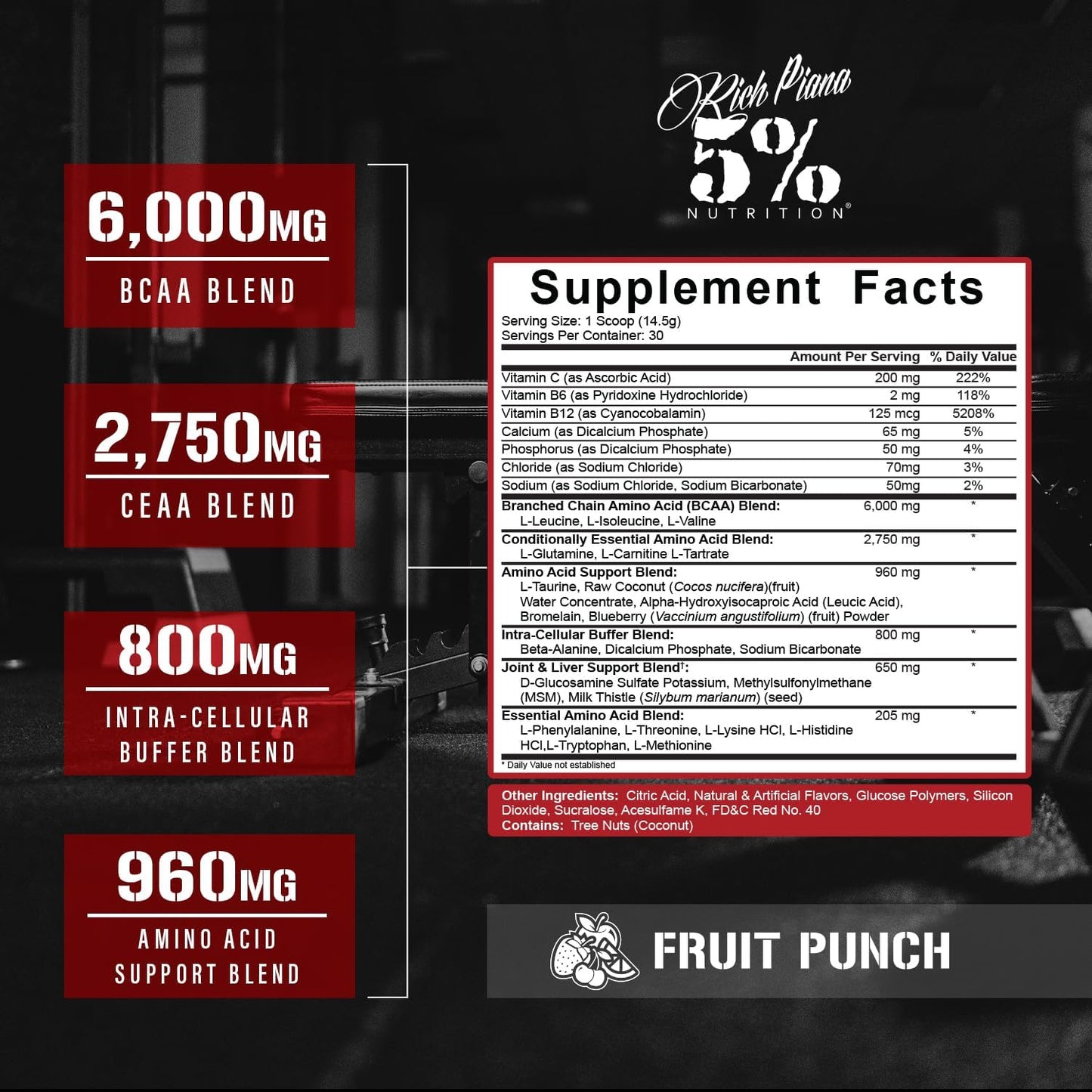 5% Nutrition Rich Piana AllDayYouMay BCAA Powder 15.3 oz - Fruit Punch Flavor - Intra & Post Workout Amino Acids for Muscle Recovery & Hydration