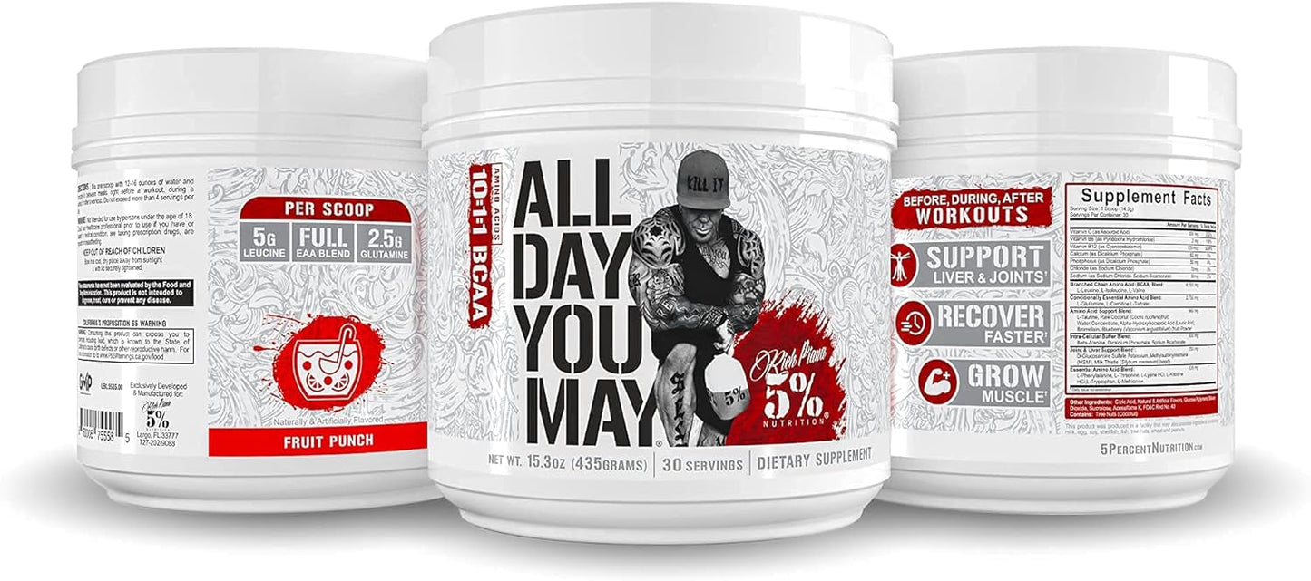 5% Nutrition Rich Piana AllDayYouMay BCAA Powder 15.3 oz - Fruit Punch Flavor - Intra & Post Workout Amino Acids for Muscle Recovery & Hydration