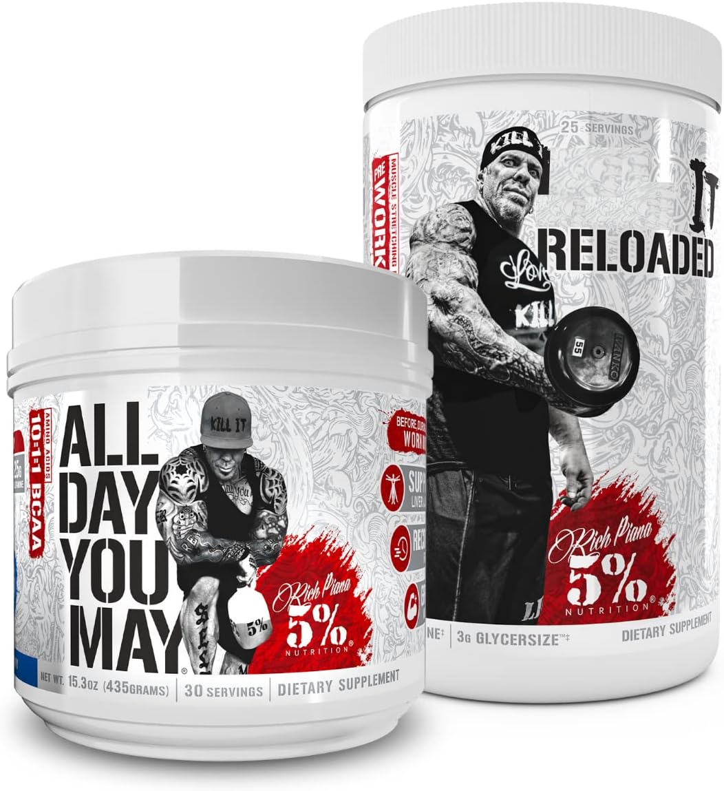 5% Nutrition Rich Piana Bundle: AllDayYouMay BCAA Powder + Kill It Reloaded Pre-Workout (Blue Raspberry)