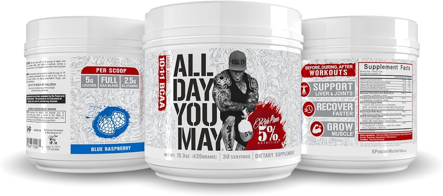 5% Nutrition Rich Piana Bundle: AllDayYouMay BCAA Powder + Kill It Reloaded Pre-Workout (Blue Raspberry)