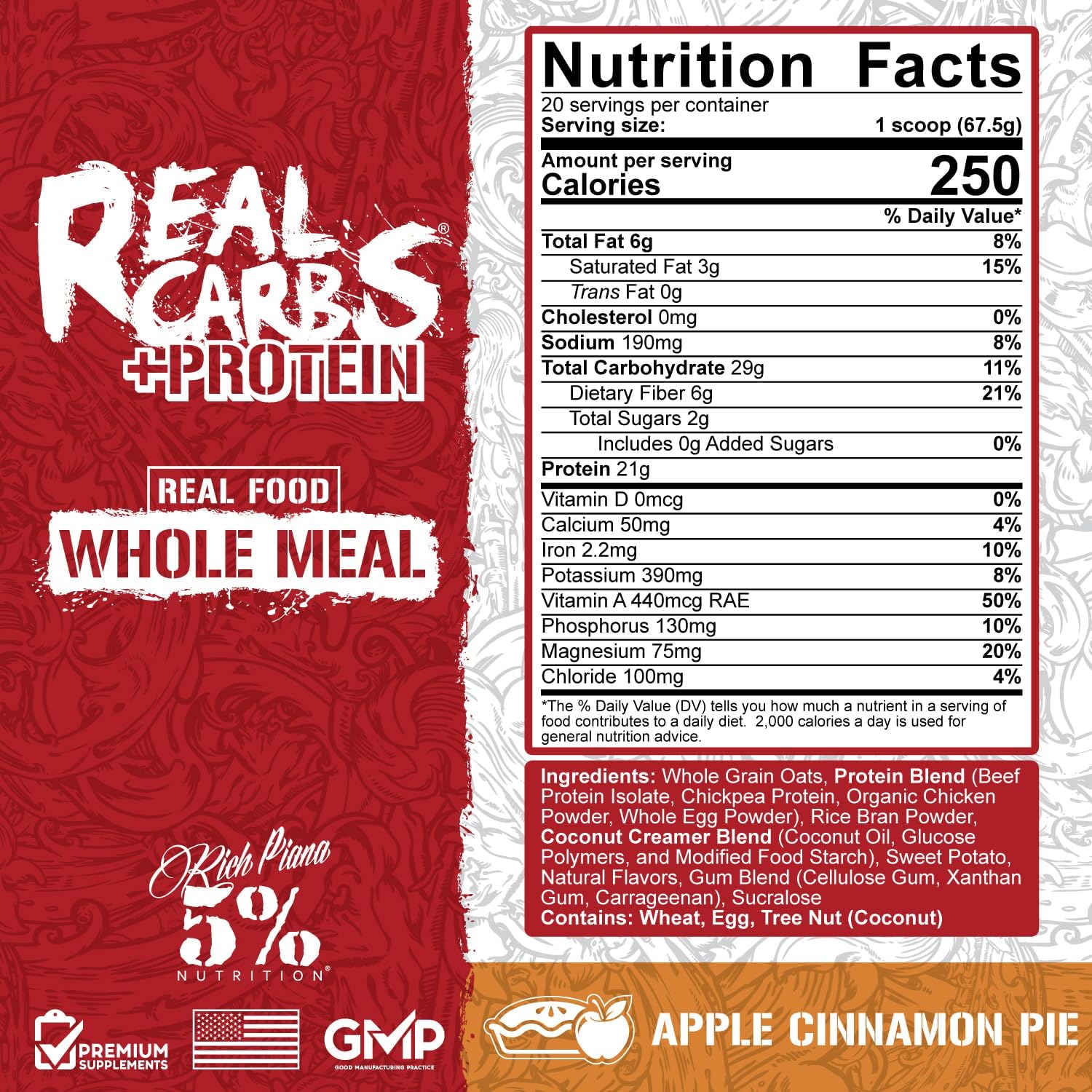 5% Nutrition Rich Piana Real Carbs + Protein Powder - Clean Mass Gainer with Real Food Carbohydrates for Pre & Post Workout Recovery - 2.9 lb, 20 Servings (Apple Cinnamon Pie)