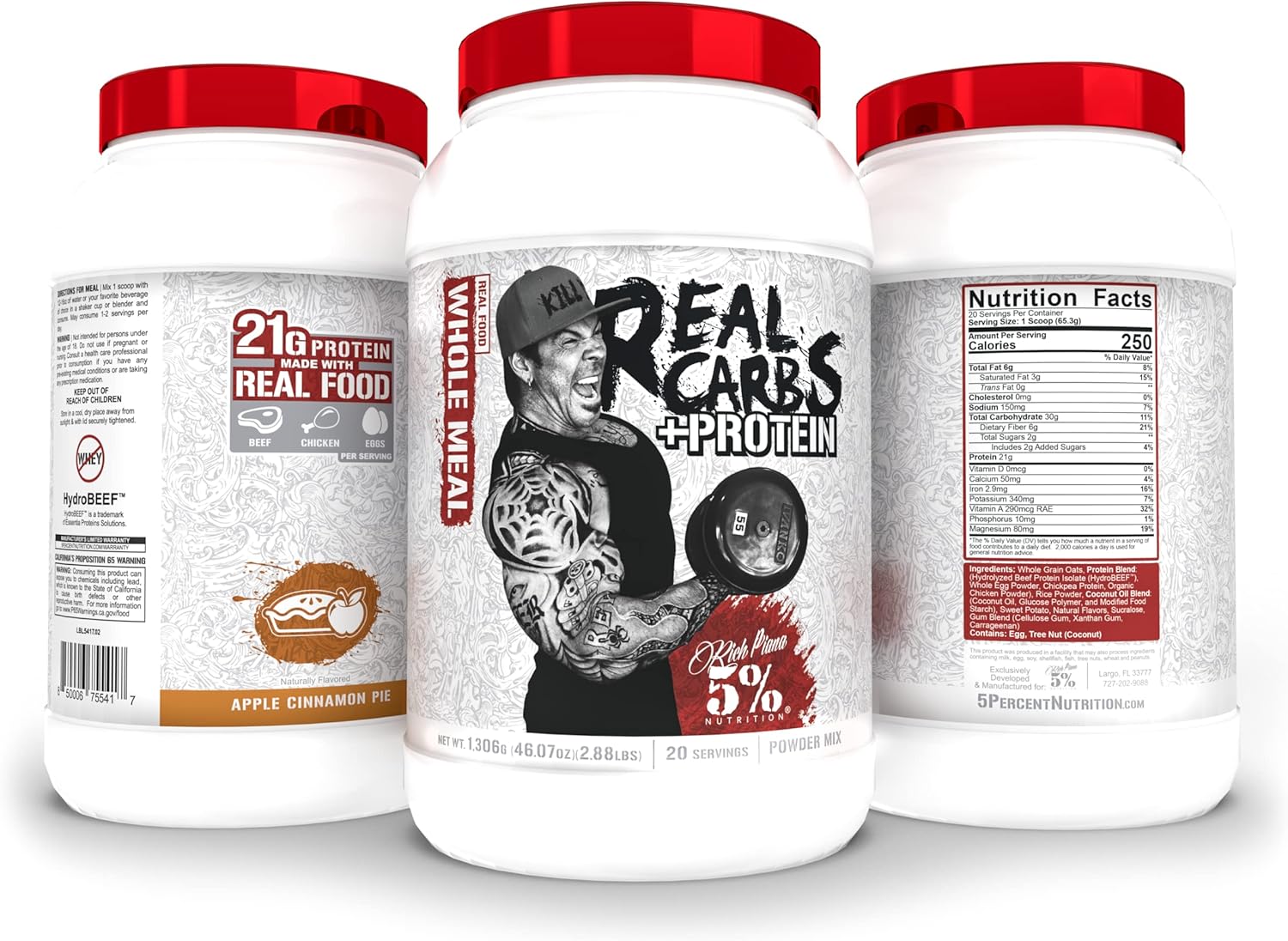 5% Nutrition Rich Piana Real Carbs + Protein Powder - Clean Mass Gainer for Pre/Post-Workout - Apple Cinnamon Pie Flavor - 2.9 lb, 20 Servings