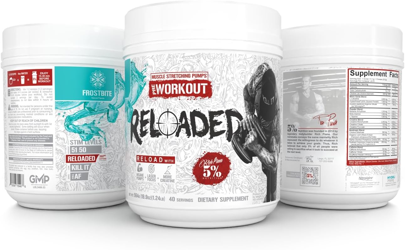 5% Nutrition Rich Piana Reloaded High Stim Pre-Workout - Frostbite Flavor - Boost Energy, Focus, and Endurance with Citrulline, Creatine, and More