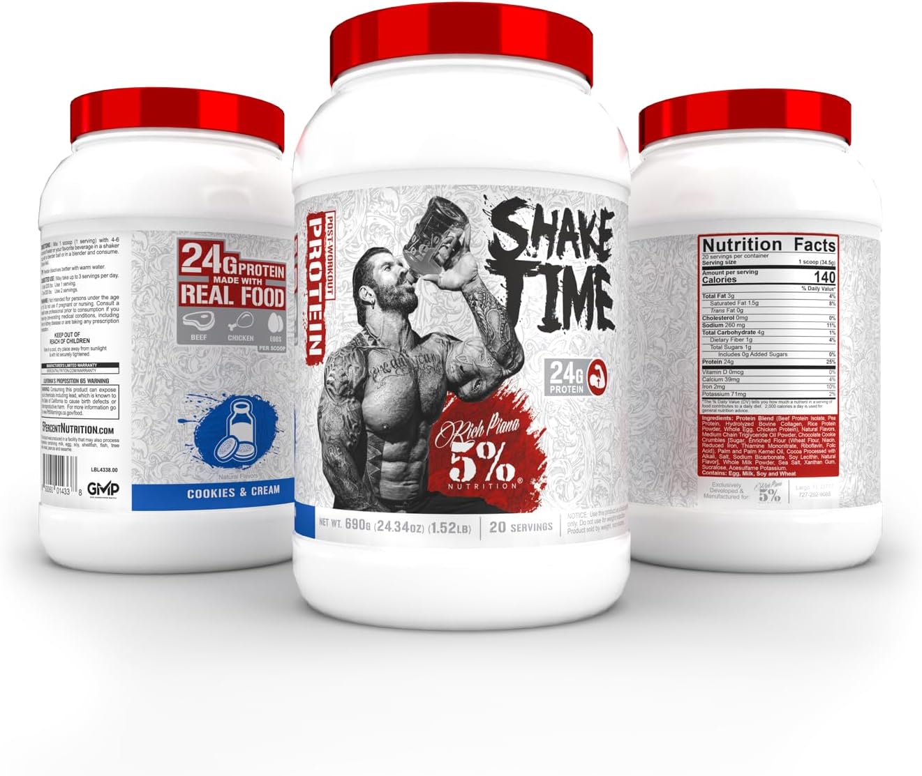 5% Nutrition Rich Piana Shake Time - Cookies & Cream Flavor with 26G Animal-Based Protein from Grass-Fed Beef, Chicken, and Whole Egg