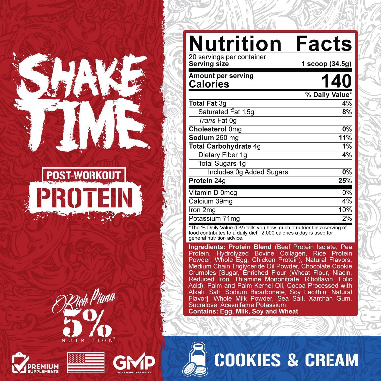 5% Nutrition Rich Piana Shake Time - Cookies & Cream Flavor with 26G Animal-Based Protein from Grass-Fed Beef, Chicken, and Whole Egg