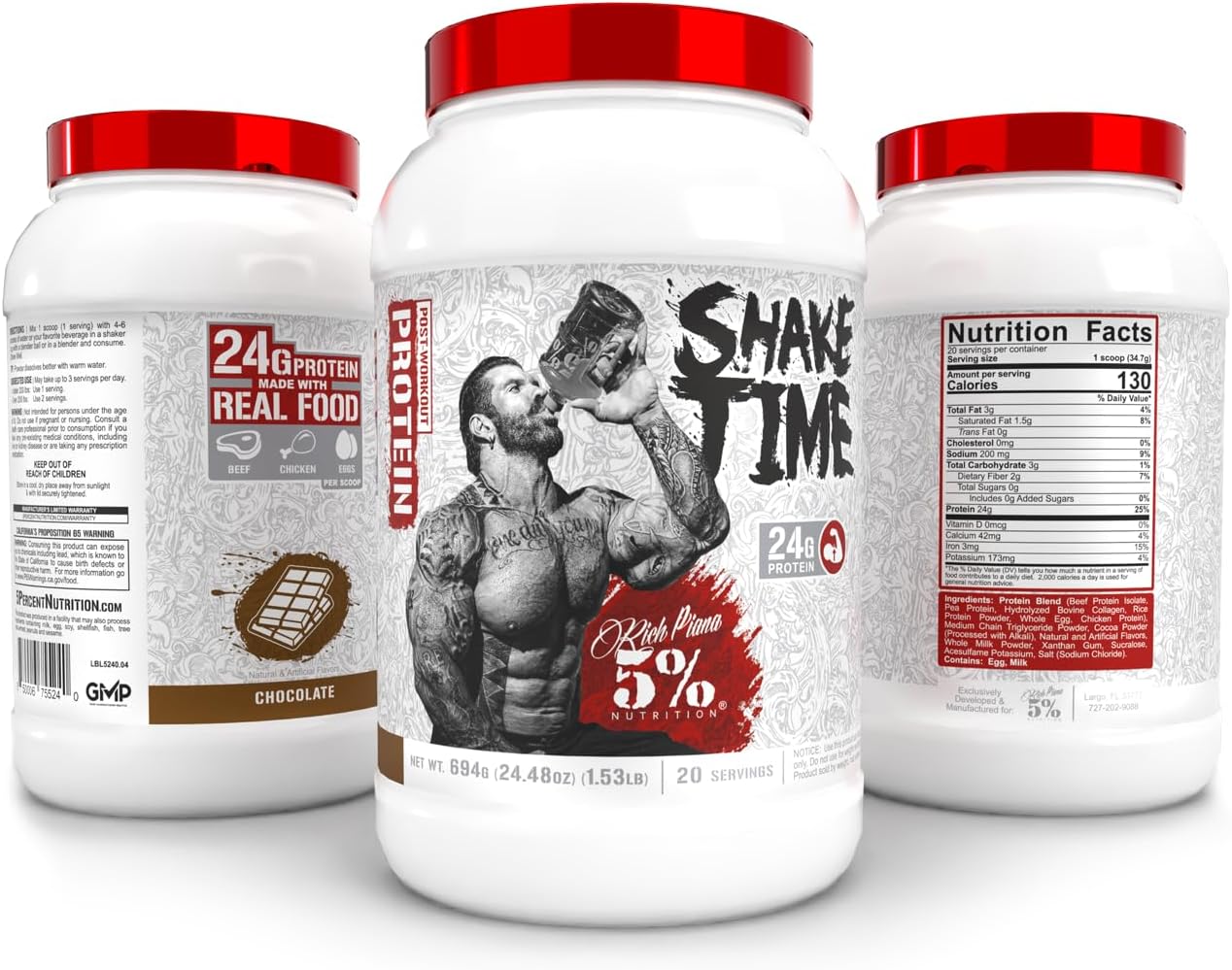 5% Nutrition Rich Piana Shake Time | High-Protein Drink with Beef, Chicken, and Whole Egg | Chocolate Flavor with No Sugar, Dairy, or Soy