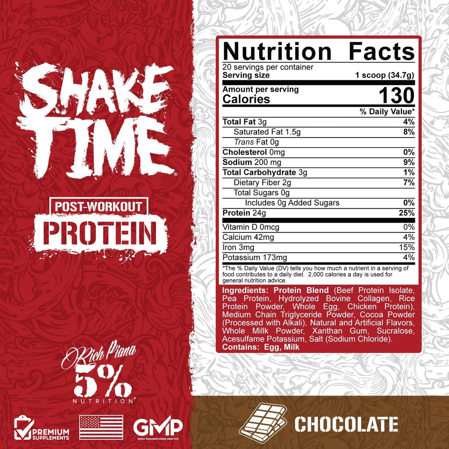5% Nutrition Rich Piana Shake Time | High-Protein Drink with Beef, Chicken, and Whole Egg | Chocolate Flavor with No Sugar, Dairy, or Soy