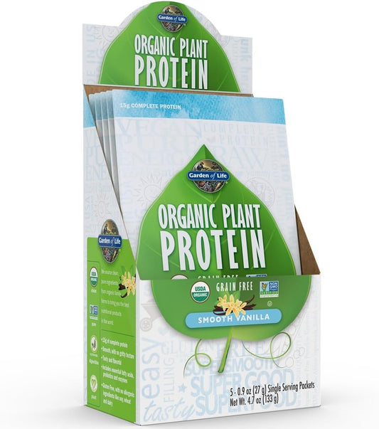 5-Pack Garden of Life Organic Plant Protein Smooth Vanilla Powder Single Serving Packets - Vegan, Gluten & Grain Free Shake with Probiotics & Enzymes, 15g Protein