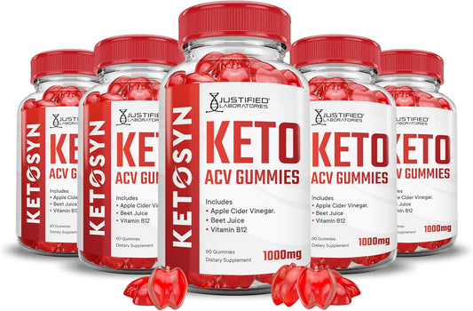 5 Pack Justified Laboratories Ketosyn Keto ACV Gummies - Advanced Formula 1000MG with Pomegranate Beet Juice Powder - B12 Vegan Non GMO - 300 Gummys