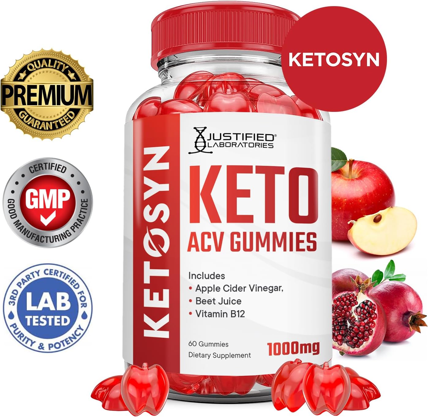 5 Pack Justified Laboratories Ketosyn Keto ACV Gummies - Advanced Formula 1000MG with Pomegranate Beet Juice Powder - B12 Vegan Non GMO - 300 Gummys