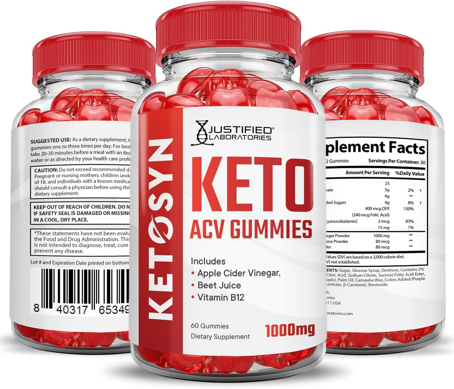 5 Pack Justified Laboratories Ketosyn Keto ACV Gummies - Advanced Formula 1000MG with Pomegranate Beet Juice Powder - B12 Vegan Non GMO - 300 Gummys